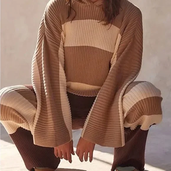 Free People Beach NWT Kami Hooded Sweater Set Womens Small Brown/Cream Oversized - Picture 3 of 15